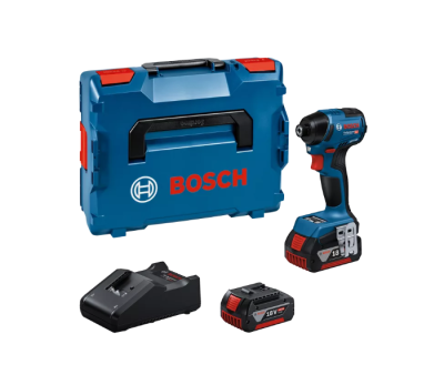 Conjunto de ferramentas Bosch com caixa azul e vermelho, parafusadeira e acessórios.