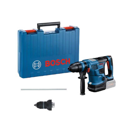 Conjunto de ferramentas Bosch com maleta azul, martelo perfurador e acessórios.