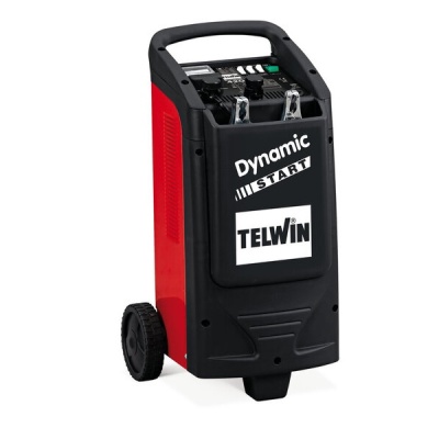 Equipamento de arranque automático preto e vermelho com rodas e controles no topo