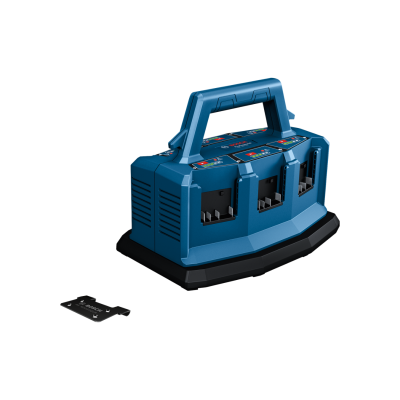 Carregador de bateria azul da Bosch com três portas e alça