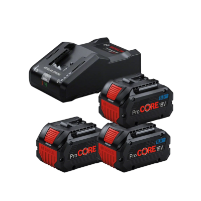 Carregador e três baterias Bosch ProCORE 18V pretas com detalhes vermelhos e azuis