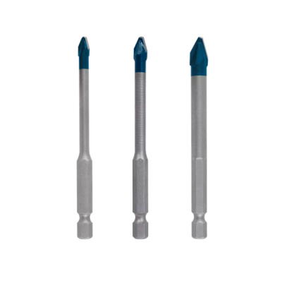Conjunto de três bits de perfuração metálicos com pontas azuis