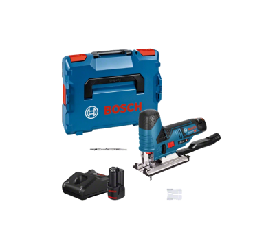 Conjunto Bosch com serra de recortes, estojo azul, bateria, carregador e acessórios