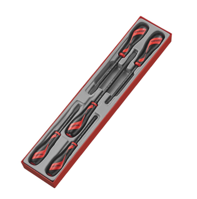 Conjunto de quatro chaves de fendas com cabos pretos e vermelhos na caixa