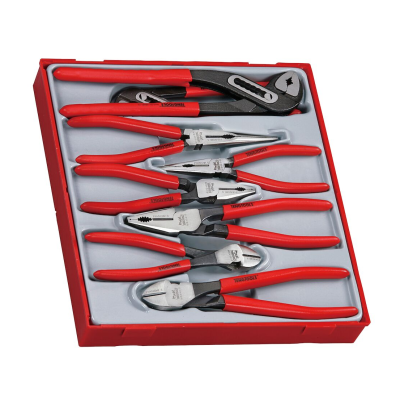 Conjunto de alicates com cabos vermelhos numa embalagem vermelha e cinza.