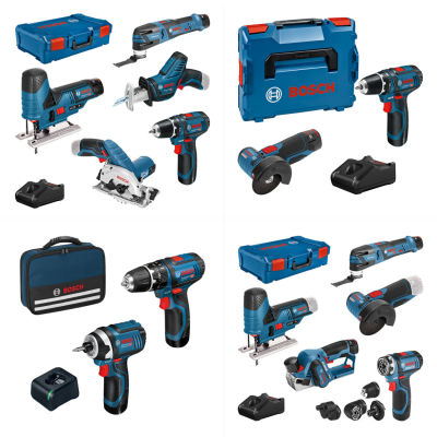 Conjunto de ferramentas eléctricas Bosch azul e preto com caixas e acessórios