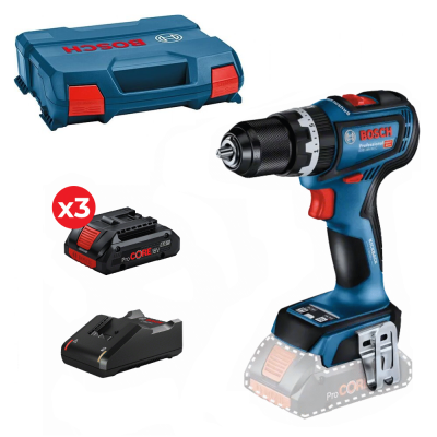 Conjunto de furadeira azul e preta Bosch com baterias, carregador e caixa azul