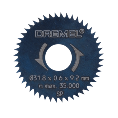 Disco de corte Dremel azul escuro com dentes e texto branco