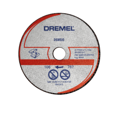 Disco de corte Dremel DSM510 cinzento e vermelho com texto e símbolos de segurança