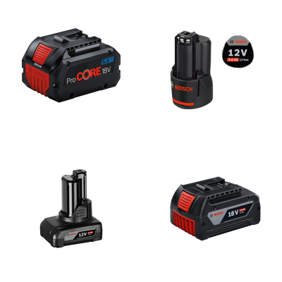 Quatro baterias Bosch 12V e 18V para ferramentas