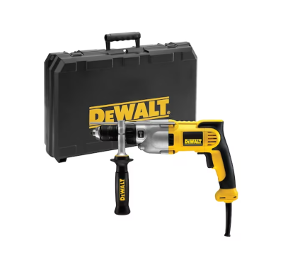 Furadeira elétrica DEWALT amarela e preta com mala de transporte preta