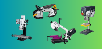 Máquinas-ferramenta industriais variadas sobre fundo verde