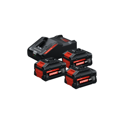 Três baterias Bosch Expert 18V e carregador preto com etiquetas vermelhas