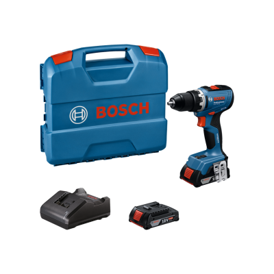 Conjunto de ferramentas Bosch Professional com mala azul, ferramenta, carregador e bateria.