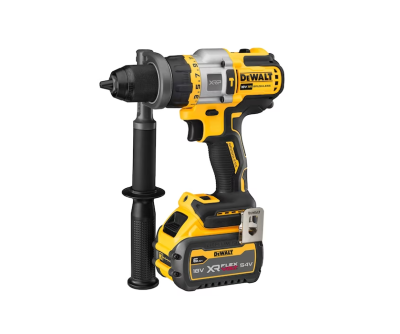 Parafusadora Dewalt amarela e preta com bateria e empunhadura extra