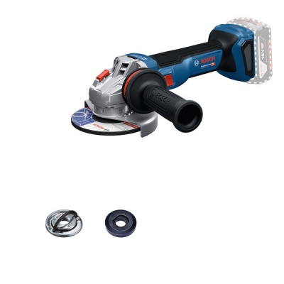 Esmerilhadora angular Bosch com discos em fundo branco.