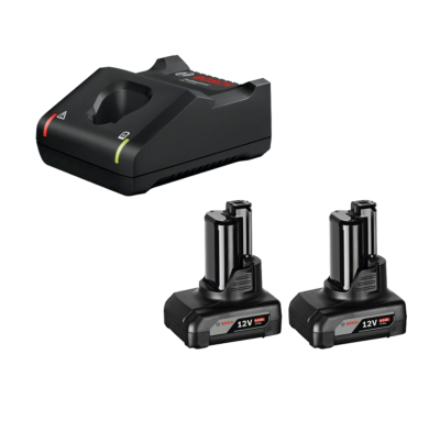 Carregador preto com duas baterias recarregáveis 12V LI-ION sobre fundo branco