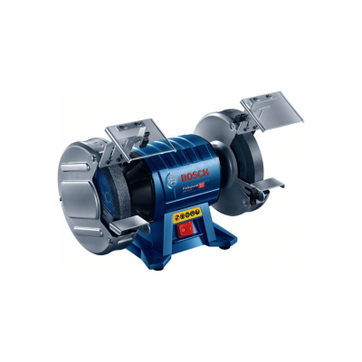 Rebarbadora de bancada Bosch azul com pedras de moagem e proteções metálicas