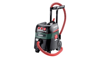 aspirador industrial Metabo preto verde vermelho com mangueira e rodas