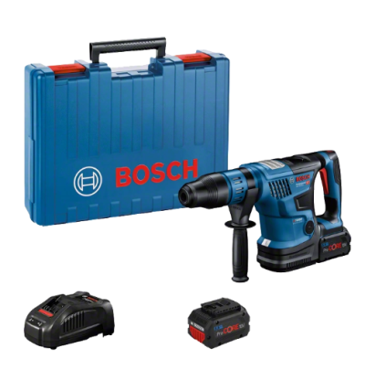 Conjunto Bosch com mala azul, ferramenta elétrica, bateria ProCORE e carregador.