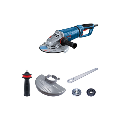 Esmeriladora Bosch azul com acessórios negros e metálicos em fundo branco
