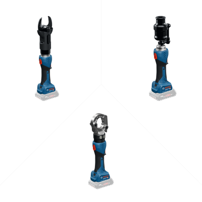 Três ferramentas elétricas Bosch com diferentes acessórios em fundo branco