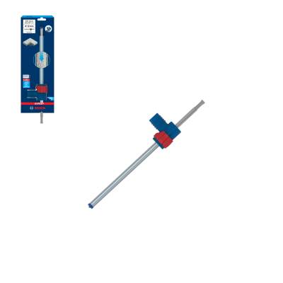 Ferramenta metálica com ponta azul e anel vermelho, embalagem azul BOSCH