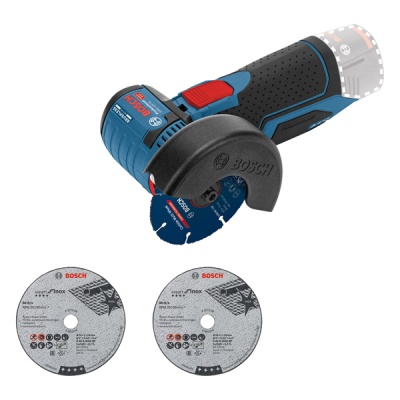 Mini esmeriladora Bosch azul e preto com discos de corte cinza