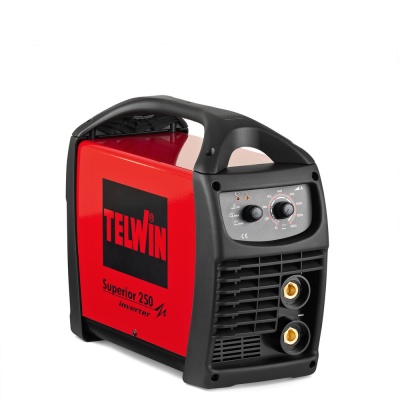Máquina de soldar TELWIN Superior 250 Inverter vermelha e preta com botões e conexões frontais