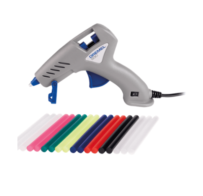 Pistola de cola quente Dremel cinzenta com bastões de cola coloridos