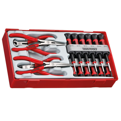 Conjunto de ferramentas com alicates e chaves de fendas em caixa vermelha