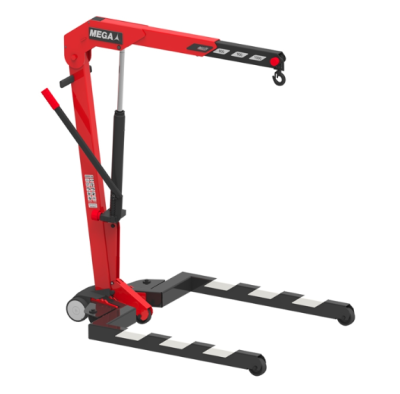 Grua hidráulica vermelha e preta com gancho e base em U com faixas brancas e pretas