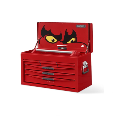 Caixa de ferramentas metálica vermelha com desenho de olhos na tampa aberta