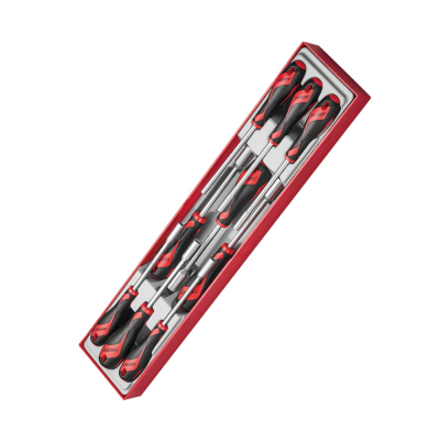 Conjunto de chaves de fendas com cabos pretos e vermelhos em caixa vermelha.