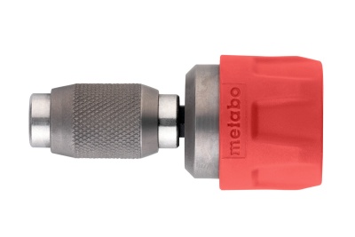 Adaptador metálico cinza com capa vermelha e inscrição metabo