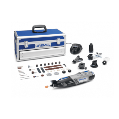 Conjunto de ferramentas elétricas Dremel com acessórios e caixa de transporte azul e cinzenta.