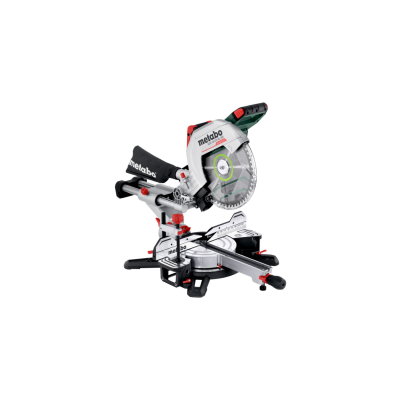 Serra de esquadria Metabo cinza, preta e vermelha com lâmina circular e saco coletor.