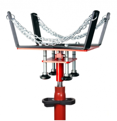 Suporte metálico vermelho e preto com corrente prateada e apoios cilíndricos