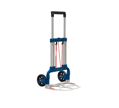 Carrinho de transporte dobrável azul e prata com rodas e alça preta