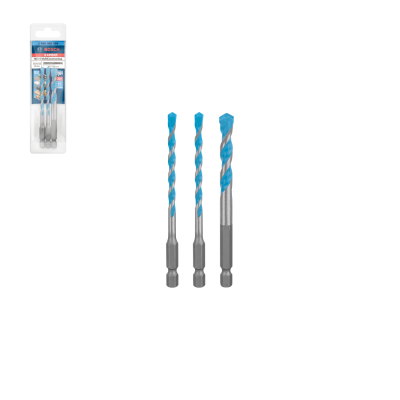 Conjunto de três brocas Bosch com revestimento azul e embalagem com etiqueta BOSCH EXPERT