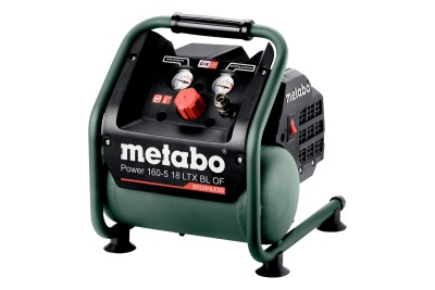 Compressor de ar portátil Metabo verde e preto com manômetros e manípulo vermelho