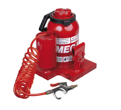 Macaco hidráulico vermelho com base, cilindro, mola vermelha e válvula metálica