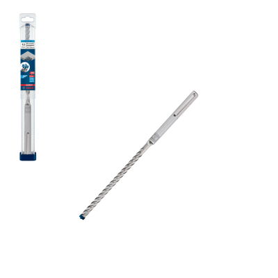 Broca metálica com ponta azul e embalagem plástica com etiquetas