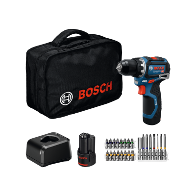 Conjunto de ferramenta Bosch com mala preta, chave de fendas azul e preta, bateria, carregador e pontas variadas