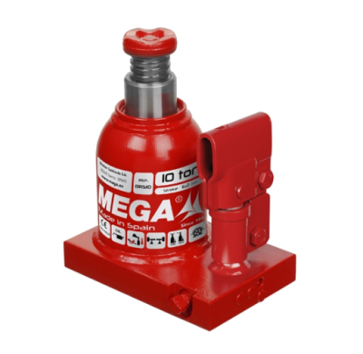 Macaco hidráulico vermelho de 10 toneladas com etiquetas brancas e pretas