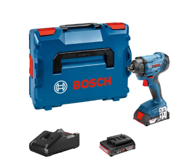 Conjunto de ferramenta Bosch com mala azul, parafusadora de impacto, bateria e carregador