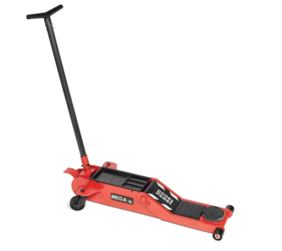 Macaco hidráulico vermelho e preto com alavanca longa e rodas.