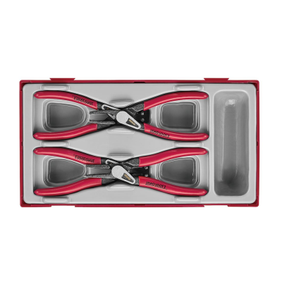 Conjunto de dois alicates com pegas vermelhas e pretas em suporte cinzento com moldura vermelha