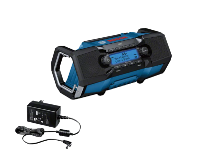 Rádio portátil Bosch azul e preto com adaptador de energia