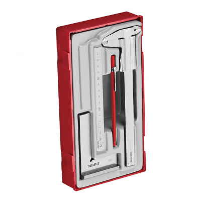 Conjunto de medição com paquímetro, régua, lápis e esquadro em estojo vermelho